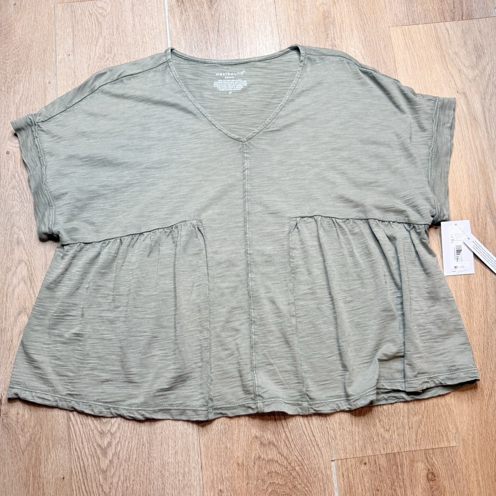 NWT Westbound Tunic Top Sz Petite L Olive Green Crewneck Flowy Feminine Preppy